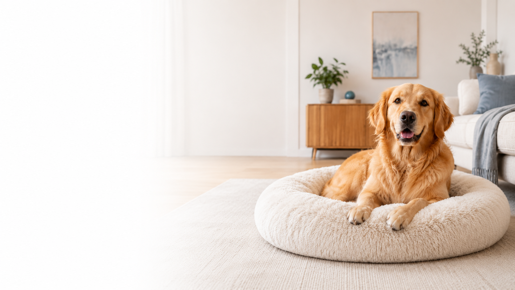 Golden Retriever entspannt in einem gemütlichen Zuhause mit hochwertigen Haustierprodukten